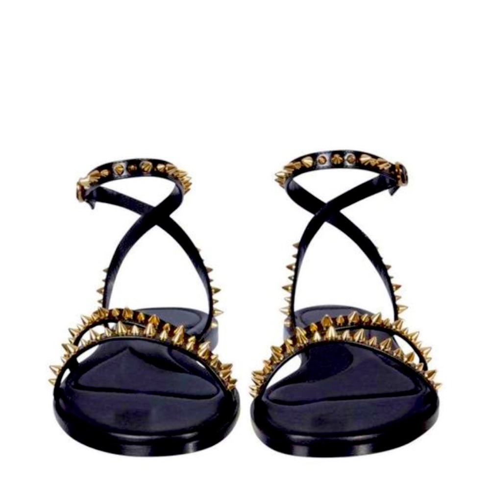 Black Studded Ankle-Strap Sandals with Gold Spikes